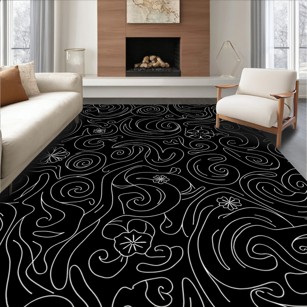 Black and White Swirl Floral Whimsical Rug