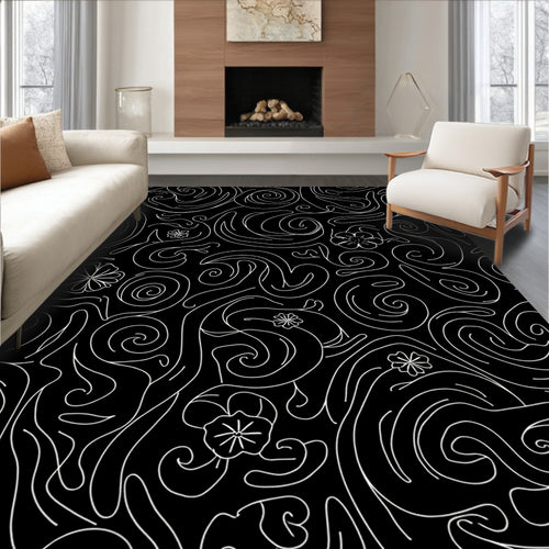 Black and White Swirl Floral Whimsical Rug