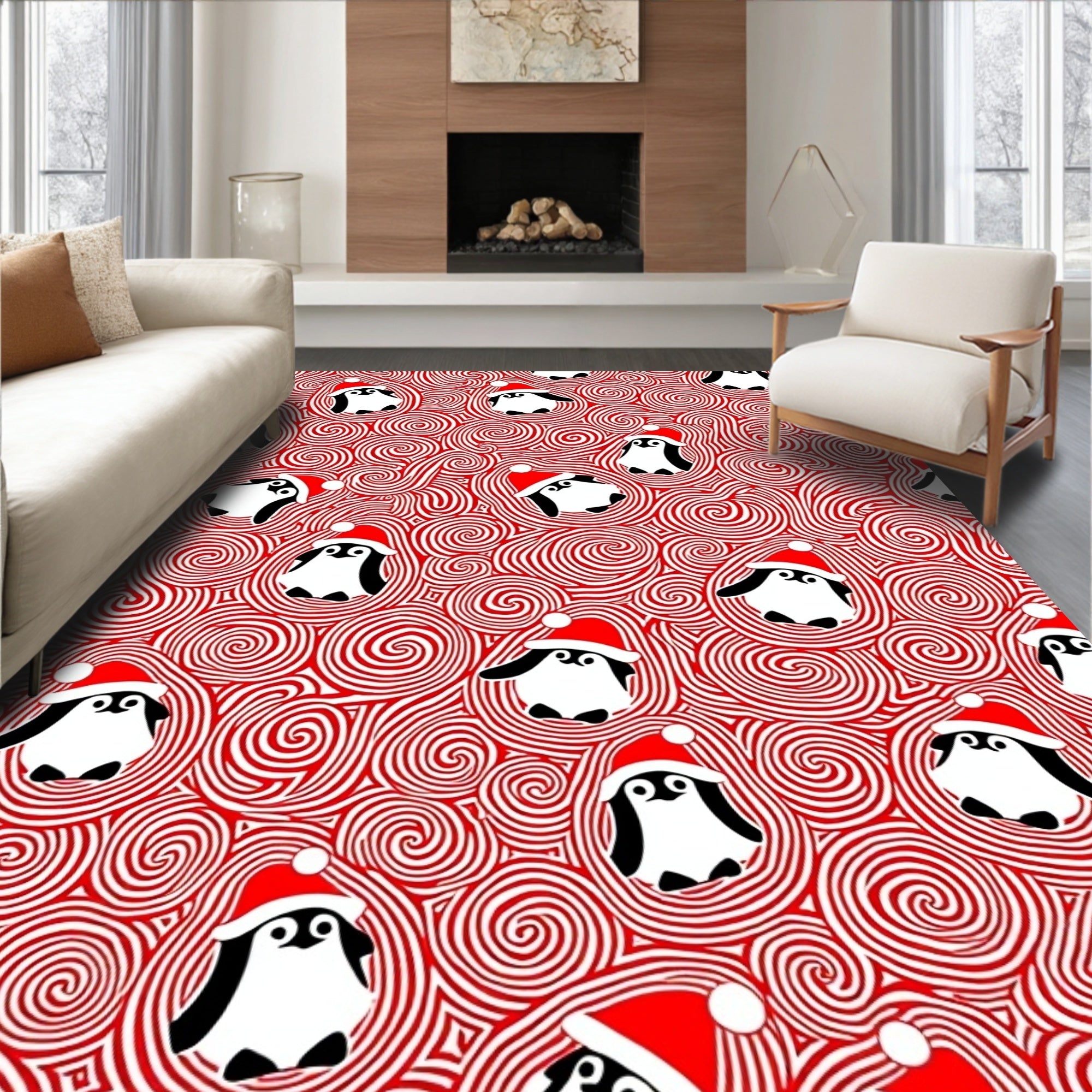 Whimsical Penguin Red Swirl Festive Rug