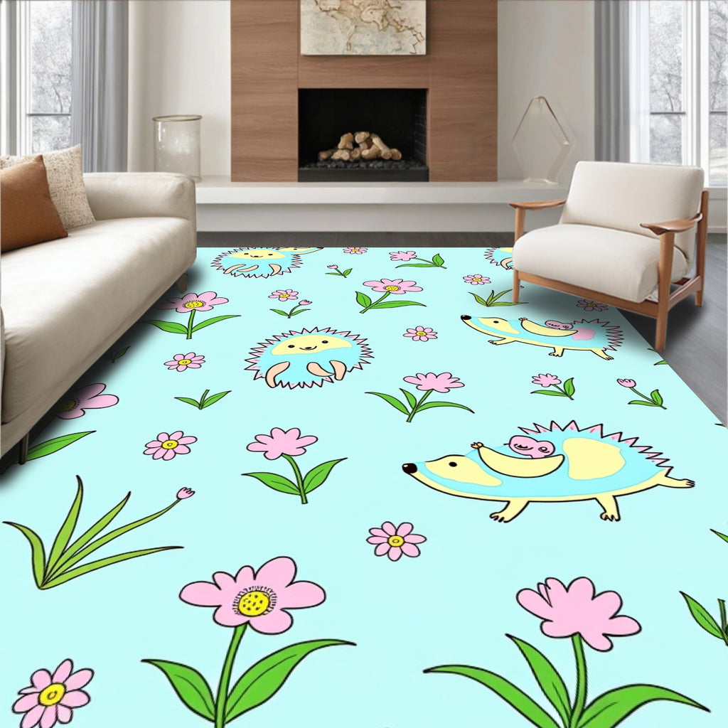 Cute Pink Floral Hedgehog Companions Rug
