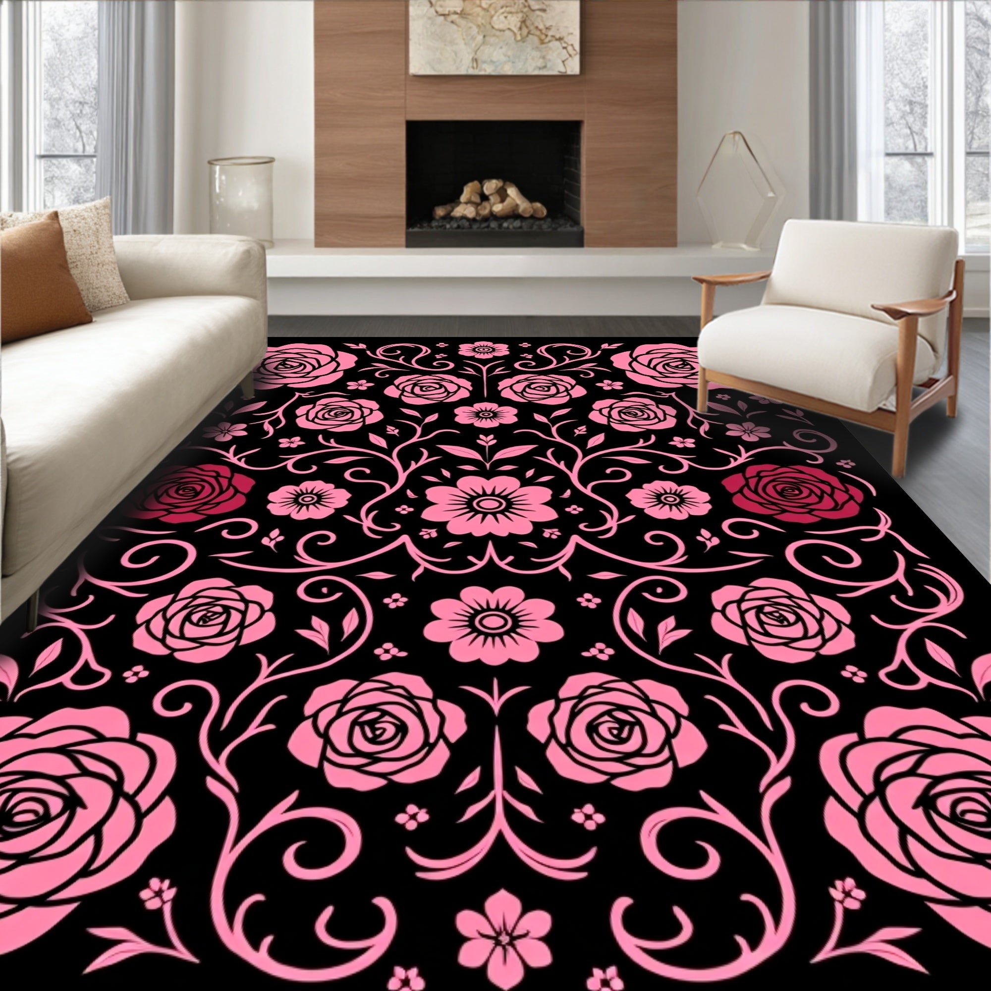 Pink Floral Scrollwork Garden Rug