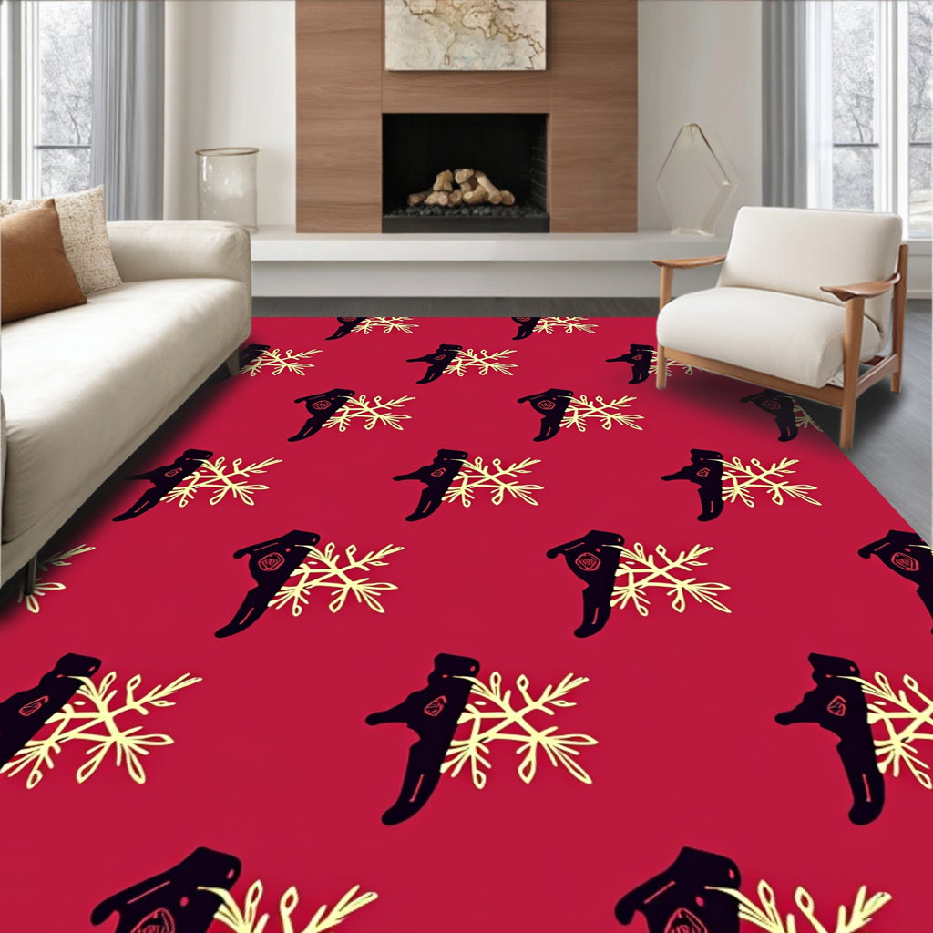Crimson Black Sketchy Snowflakes Rug