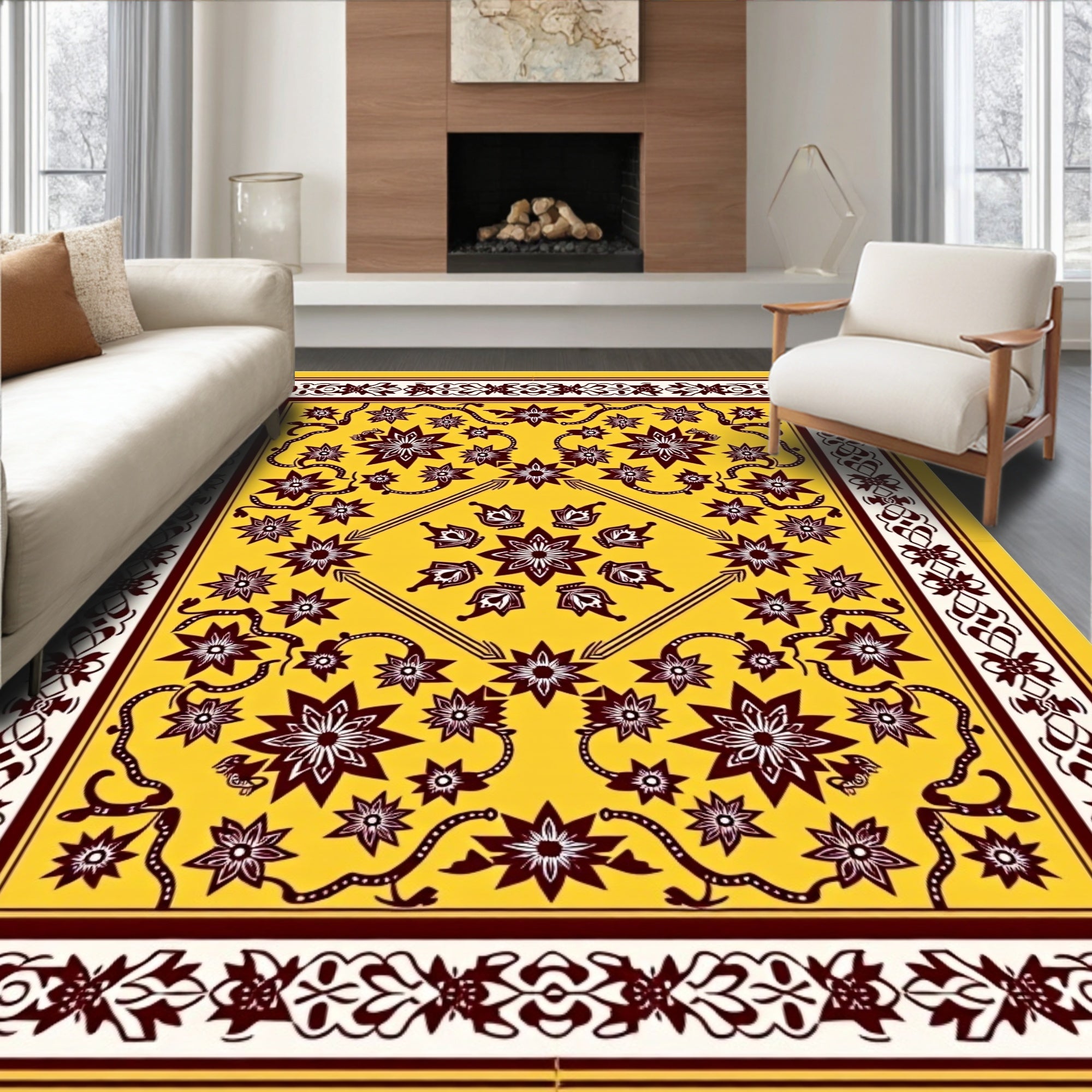 Golden Starburst Floral Border Rug