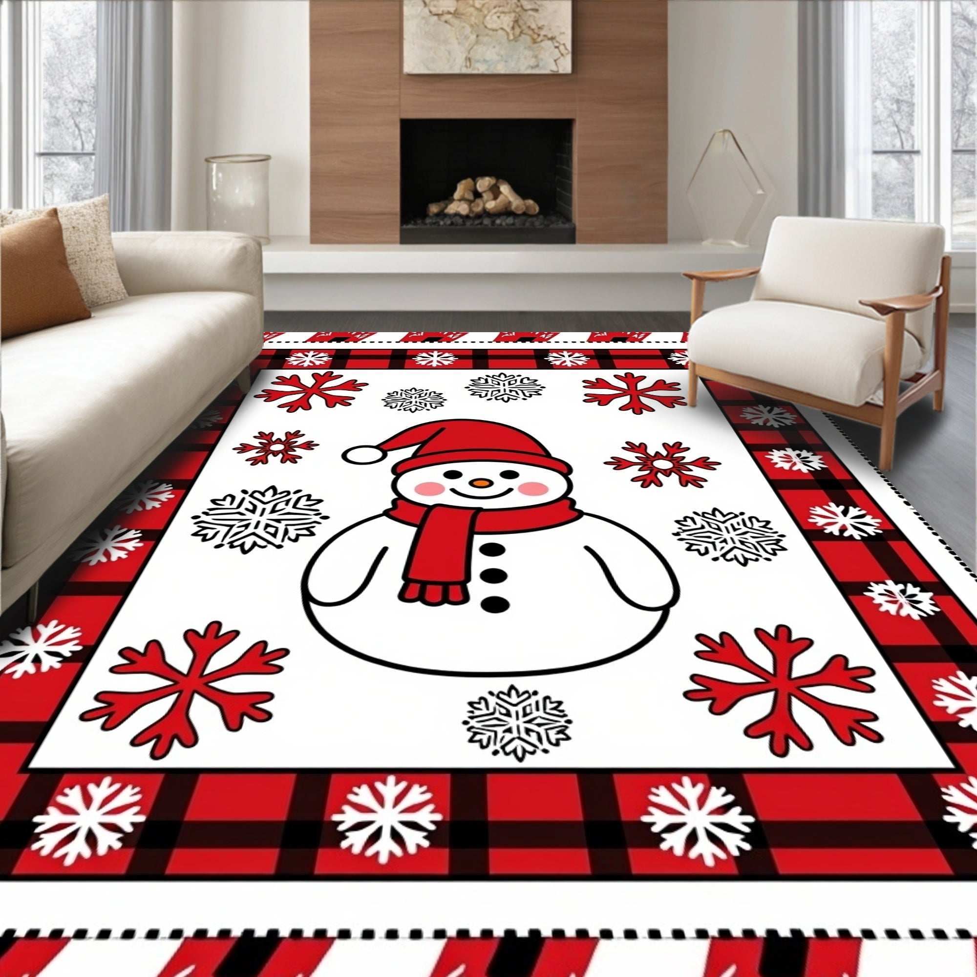 Charming Snowman Red Buffalo Plaid Snowflakes Rug