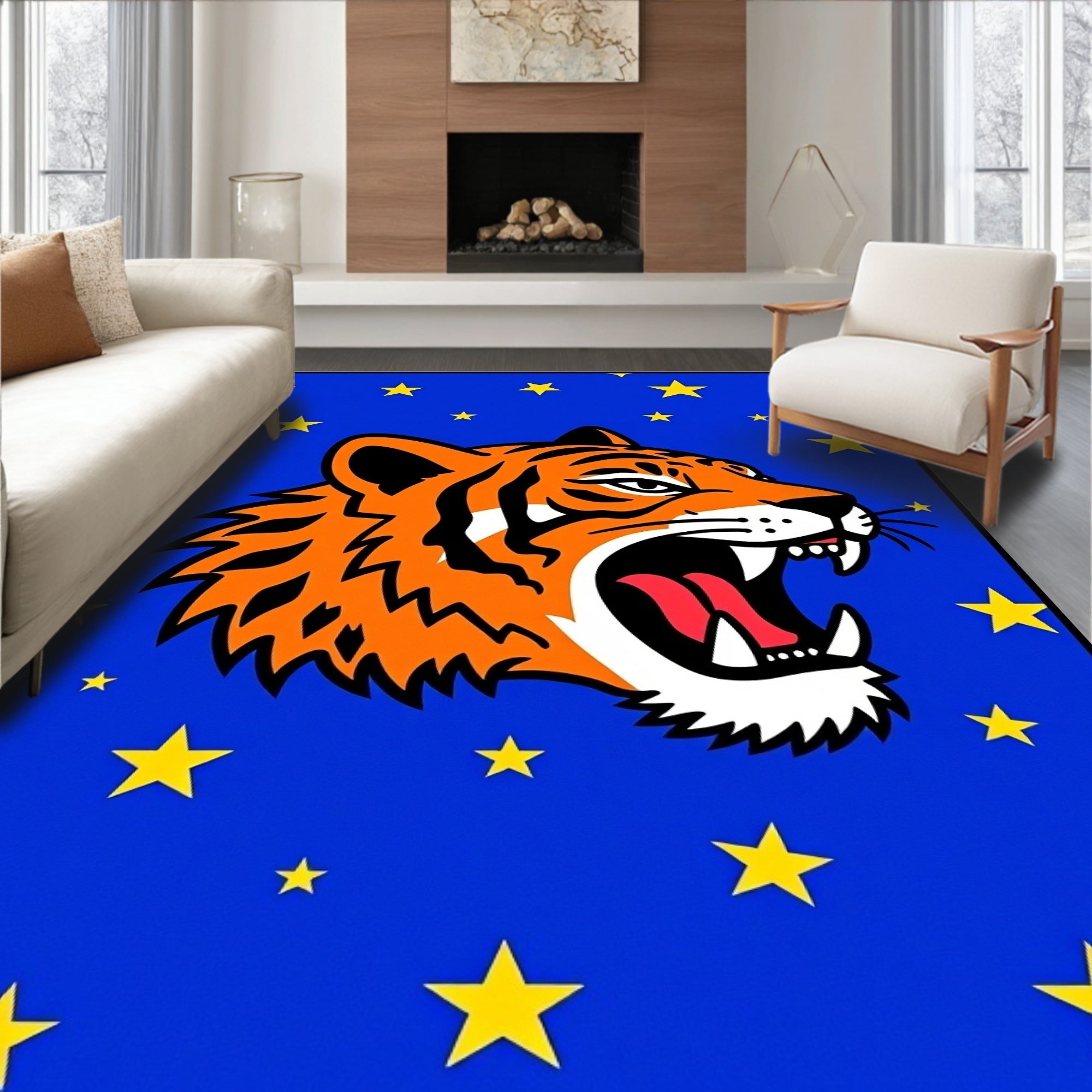 Roaring Tiger Blue Yellow Starry Background Rug