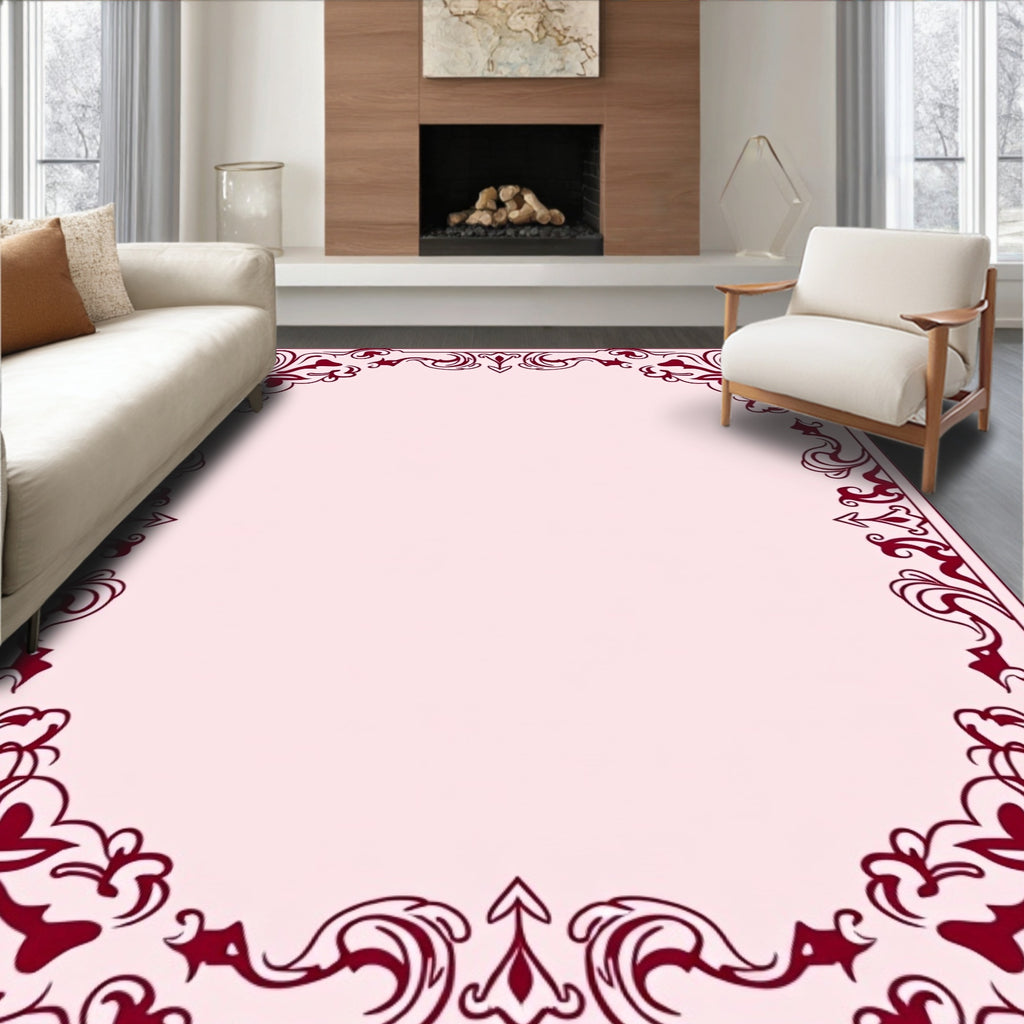 Dark Red Elegant Floral Scroll Border Rug