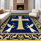 Ornate Blue Golden Cross Angelic Scene Rug