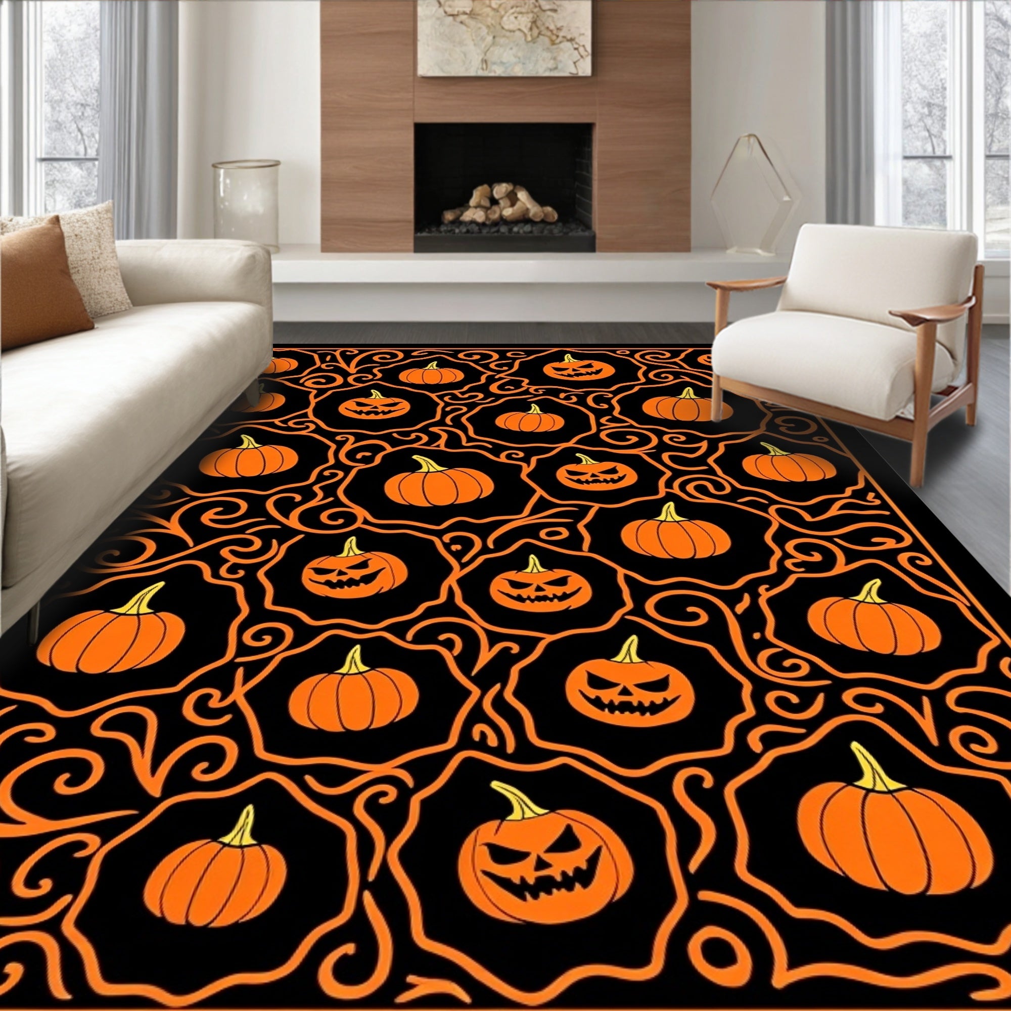 Spooky Orange Pumpkin Halloween Swirls Rug