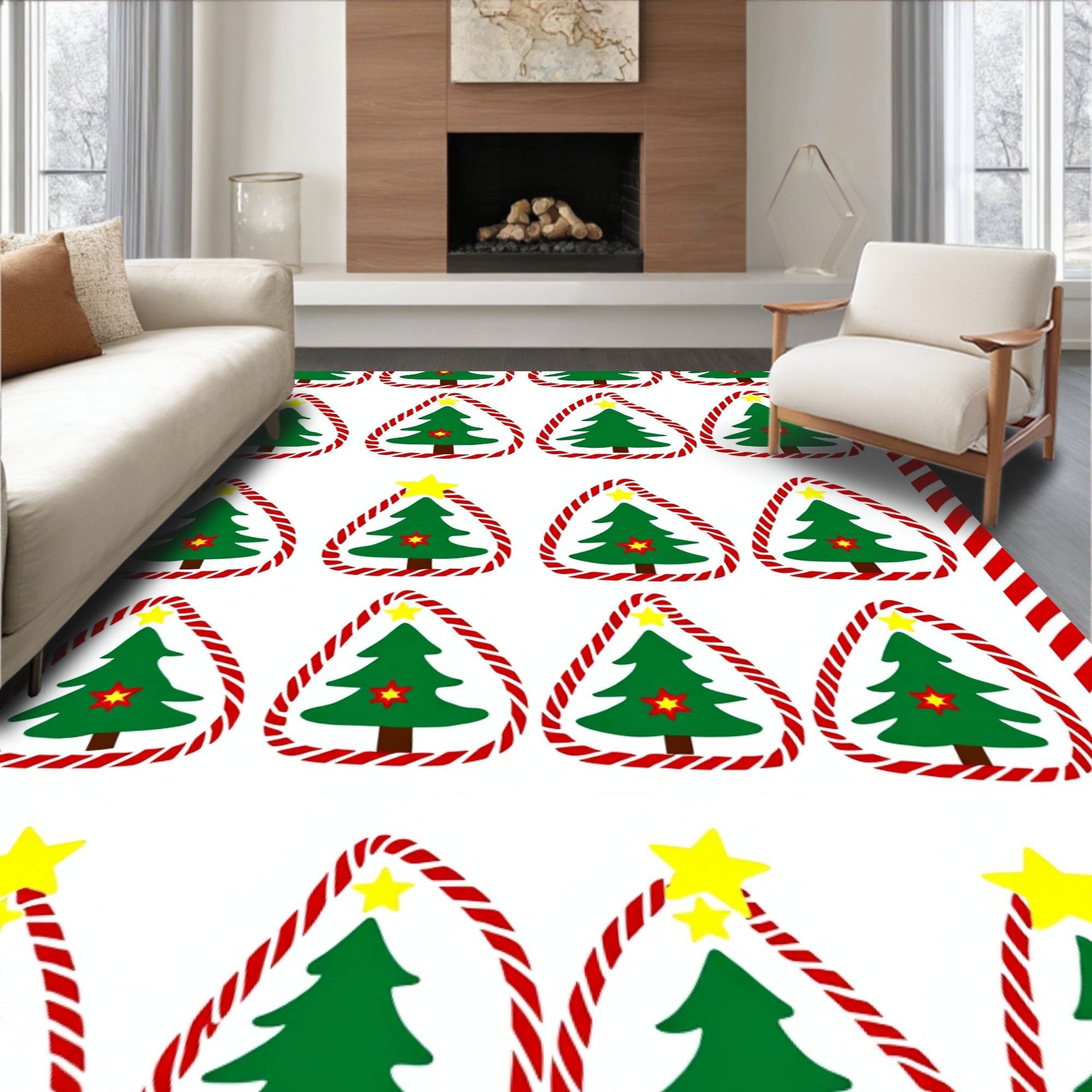 Red Green Christmas Tree Candy Cane Border Rug