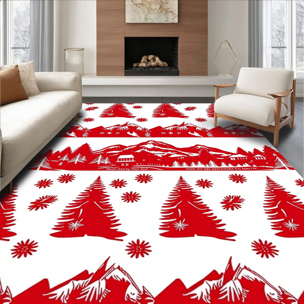 Red Winter Forest Mountain Landscape Rug