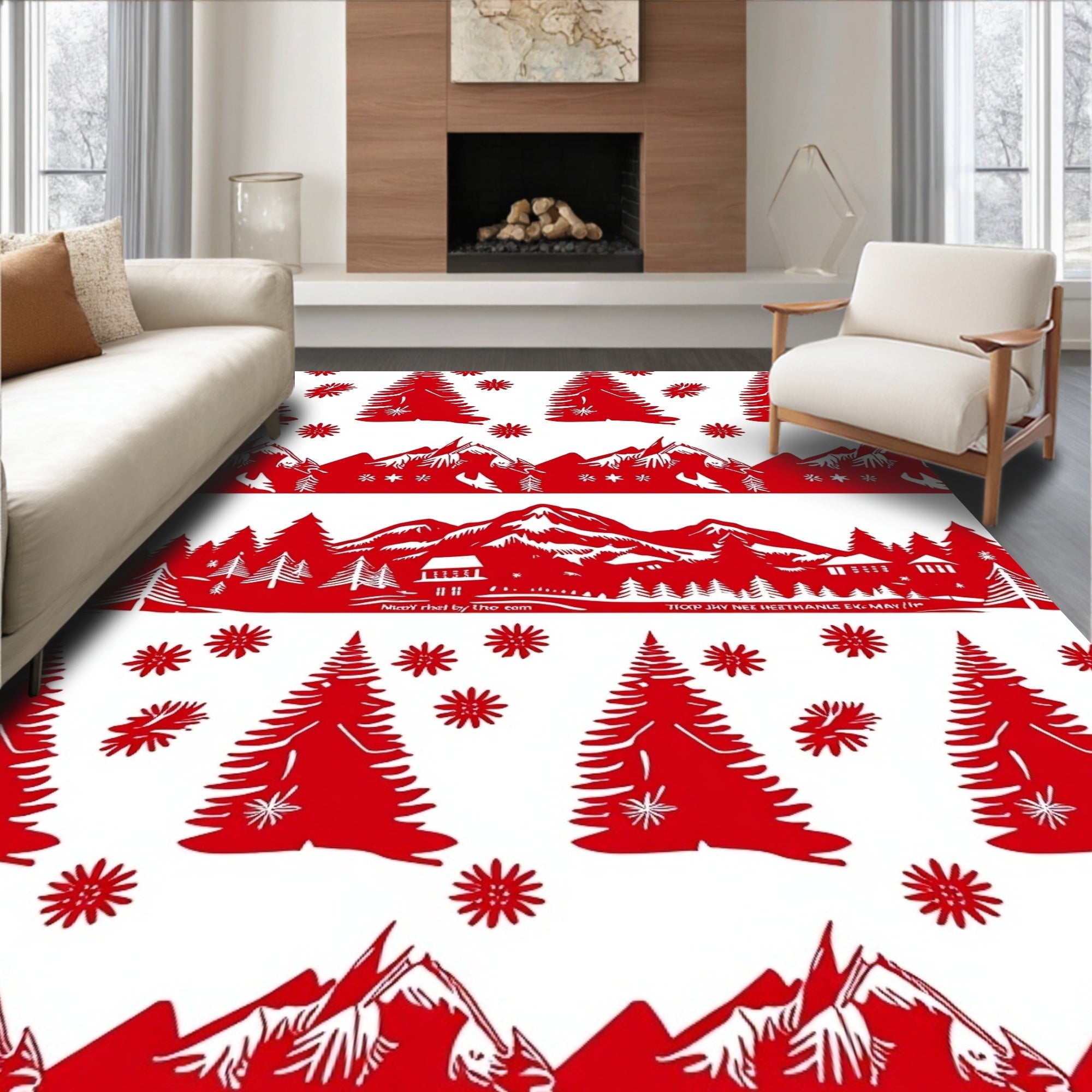 Red Winter Forest Mountain Landscape Rug