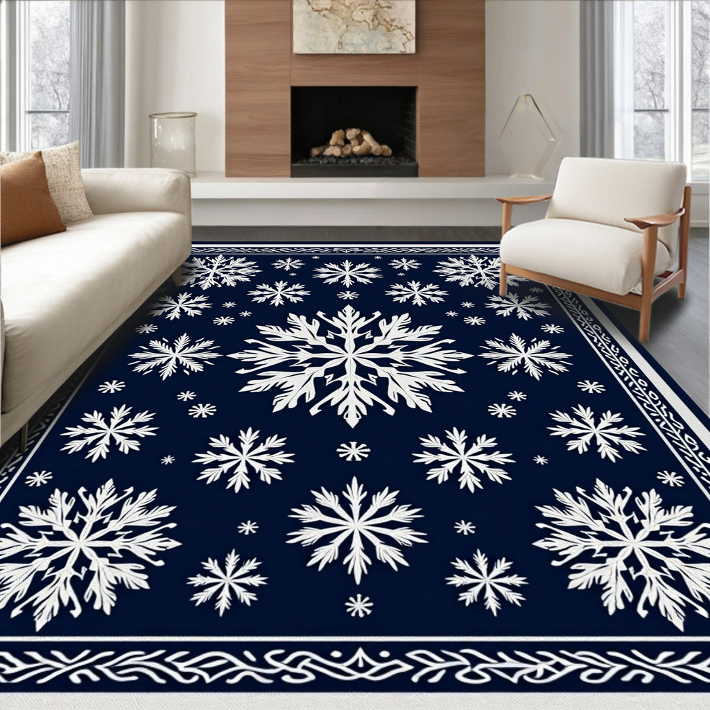 Navy White Snowflake Scatter Round Rug