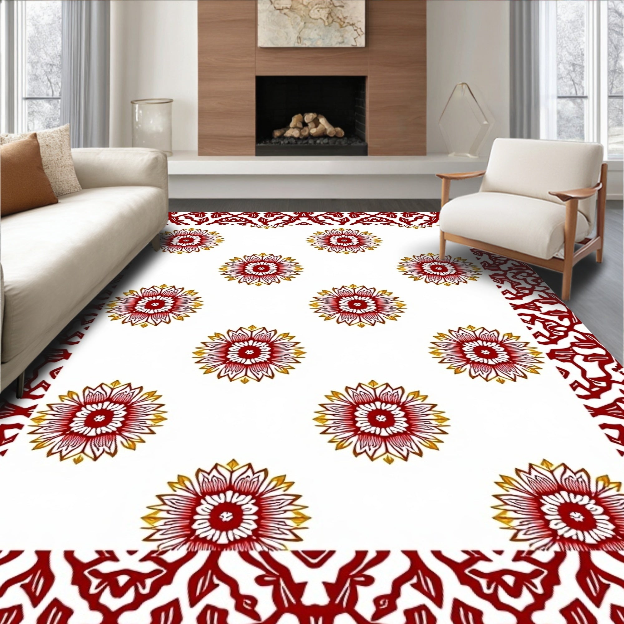 Red Gold Sunburst Border Accents Rug