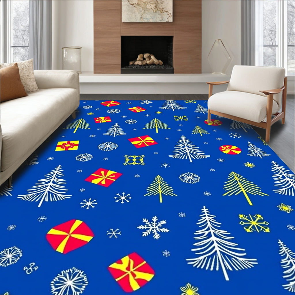 Blue Christmas Trees and Gifts Snowflakes Rug
