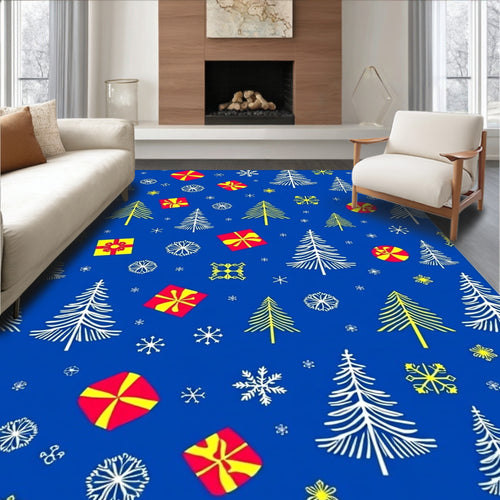 Blue Christmas Trees and Gifts Snowflakes Rug