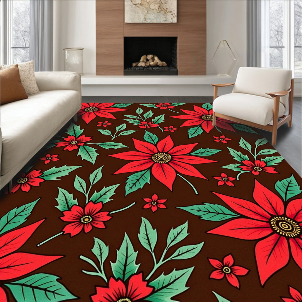 Festive Red Poinsettia Floral Scatter Rug