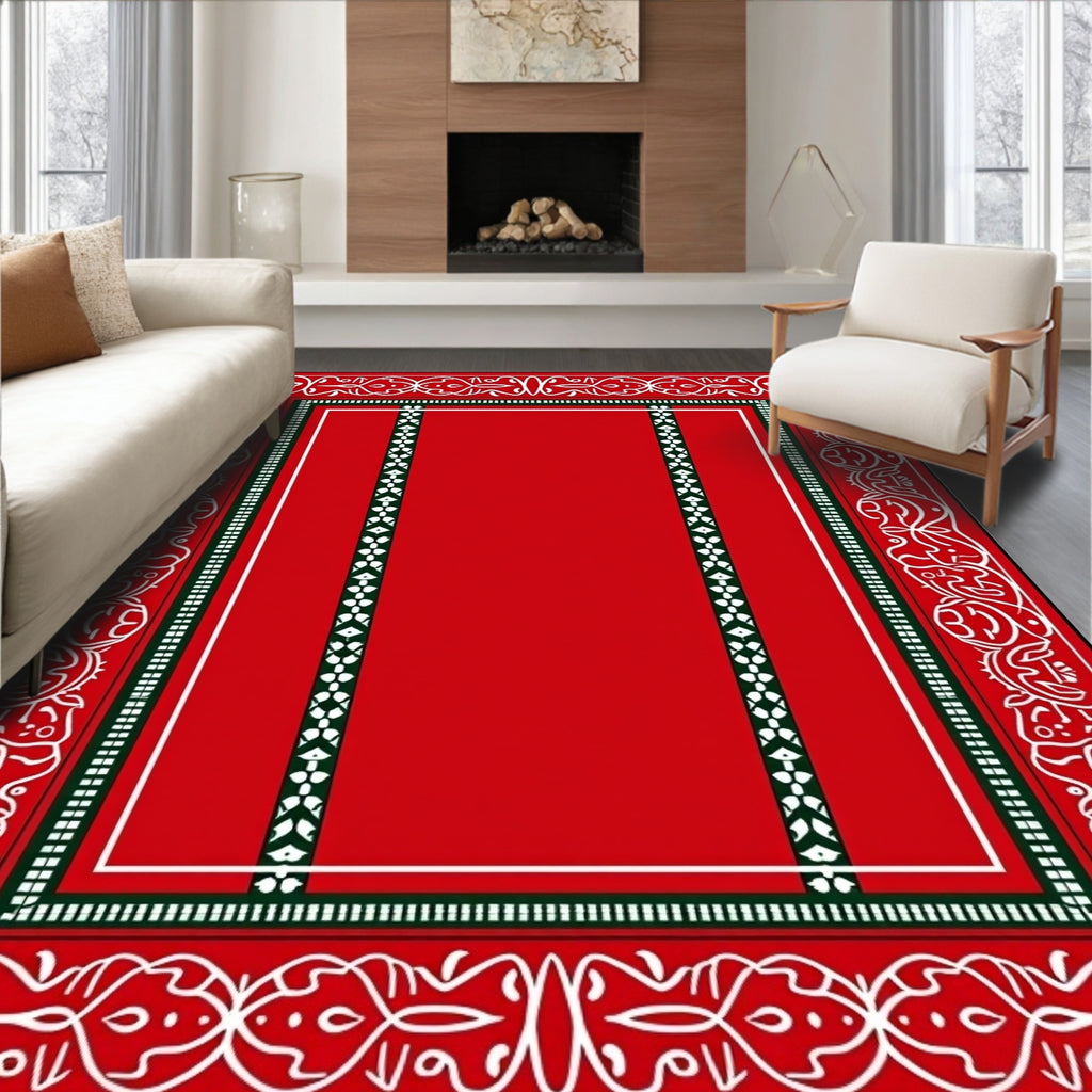 Ornate Red White Decorative Border Rug