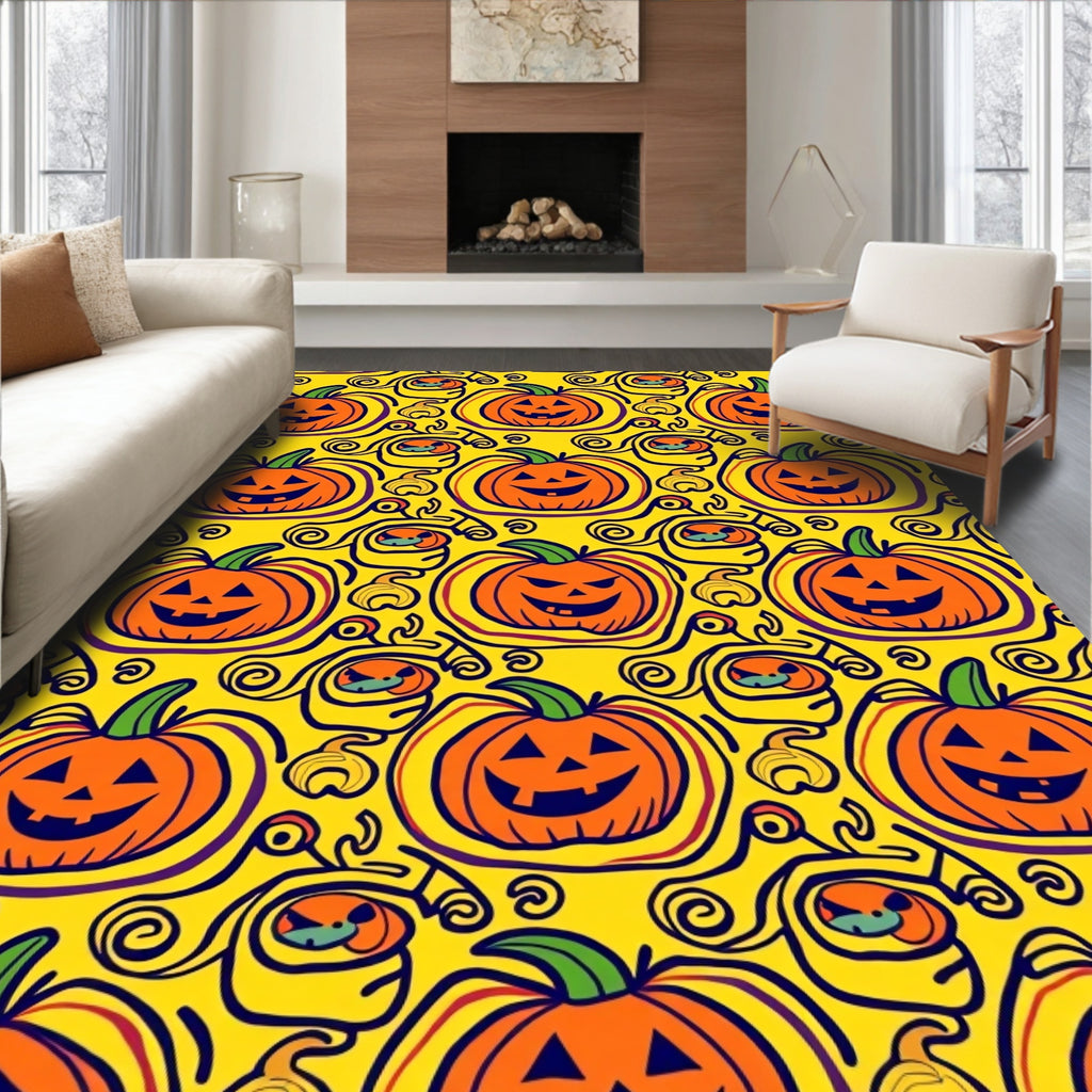 Orange Pumpkin Faces Yellow Swirl Rug
