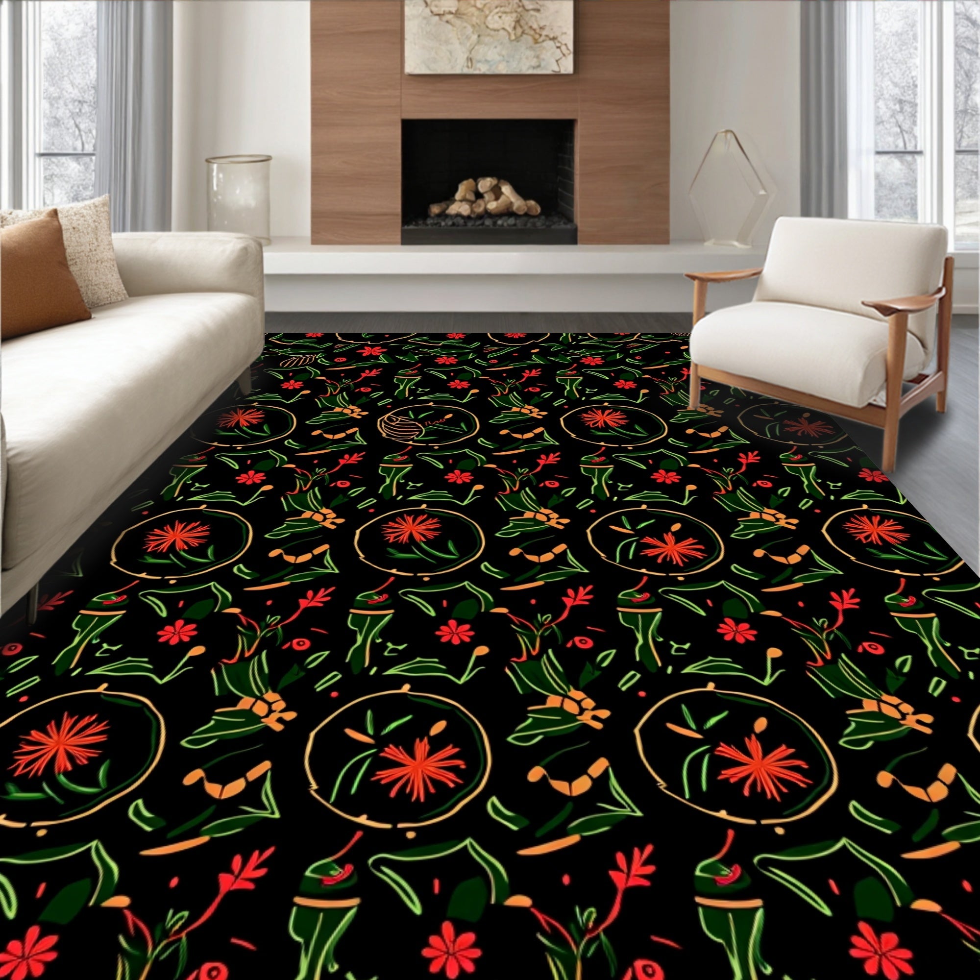 Emerald and Crimson Floral Circular Garden Rug