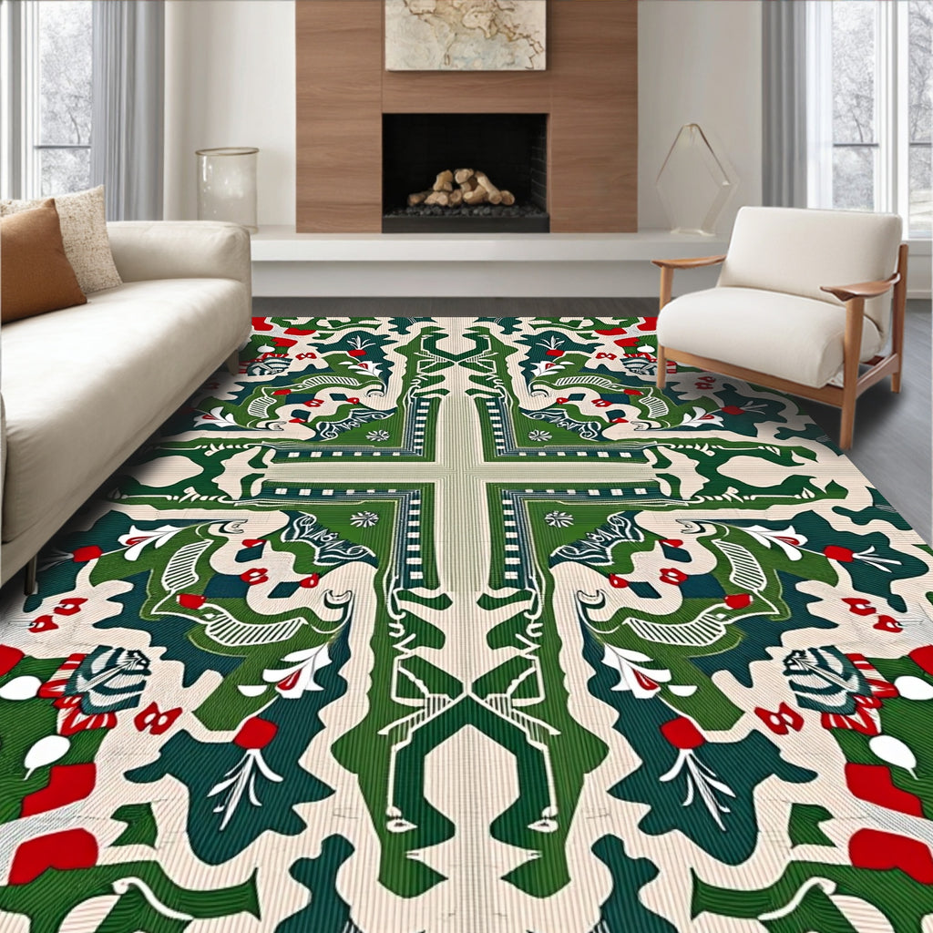 Green Red Festive Floral Medallion Rug