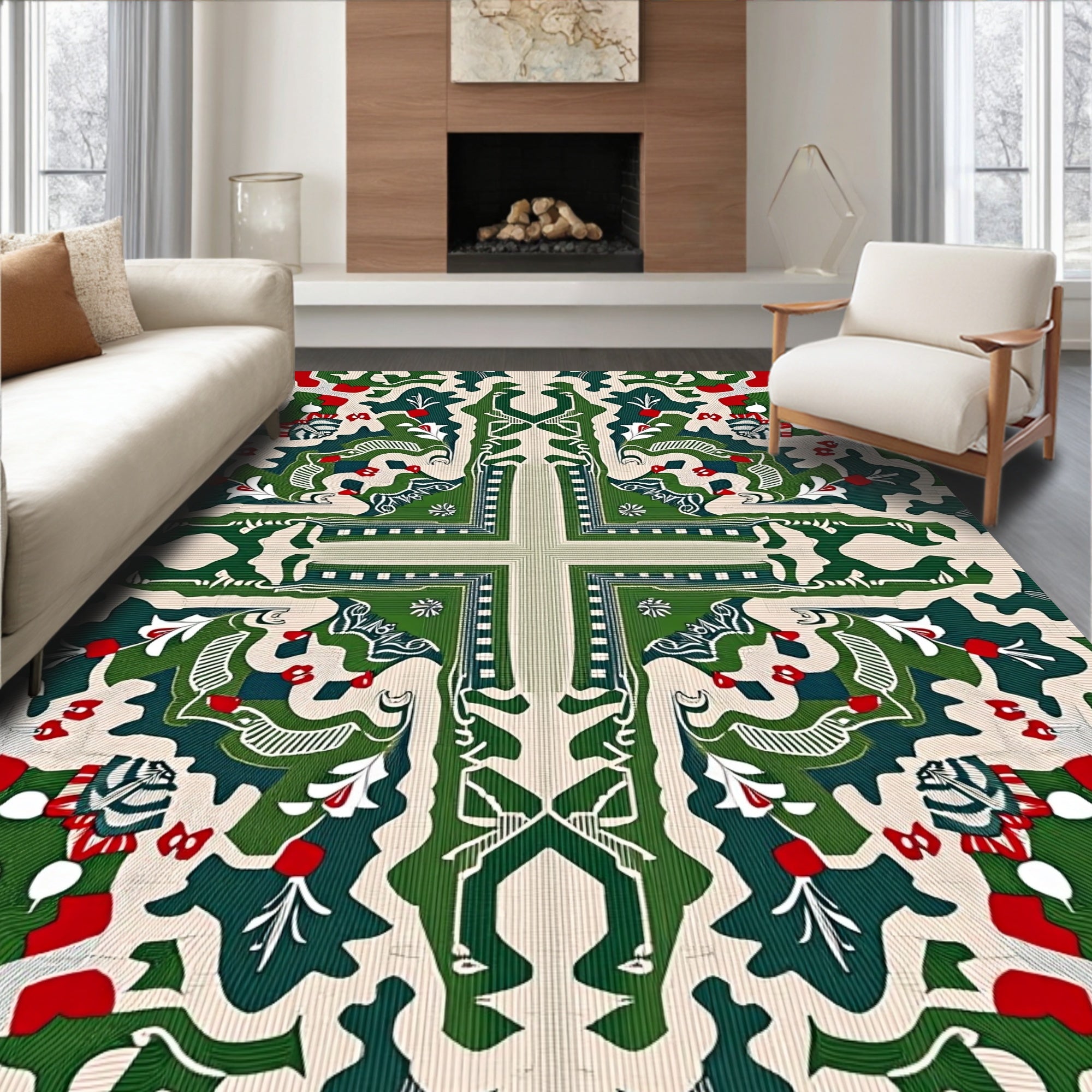 Green Red Festive Floral Medallion Rug