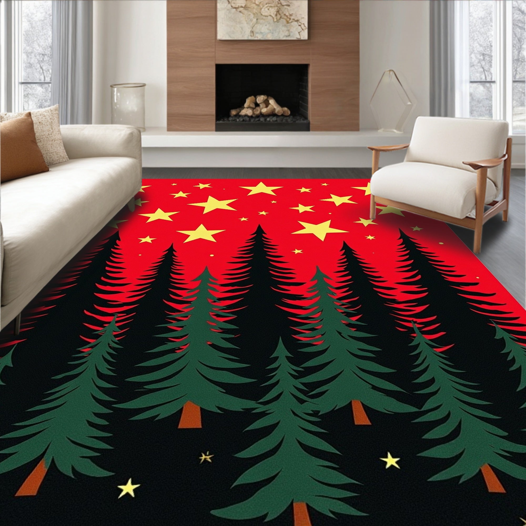 Crimson Starry Night Forest Rug