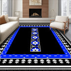Black Blue White Floral Geometric Border Rug