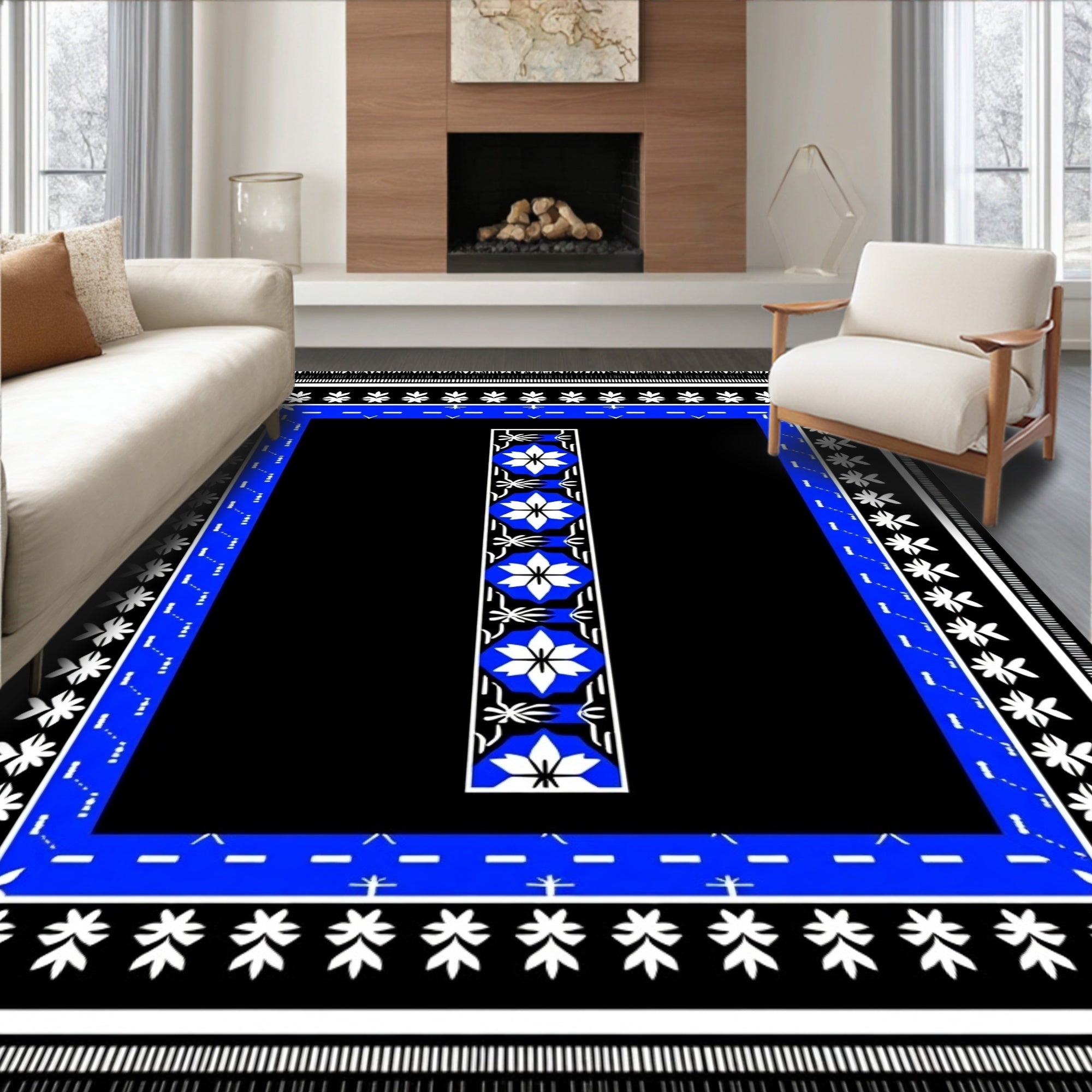 Black Blue White Floral Geometric Border Rug