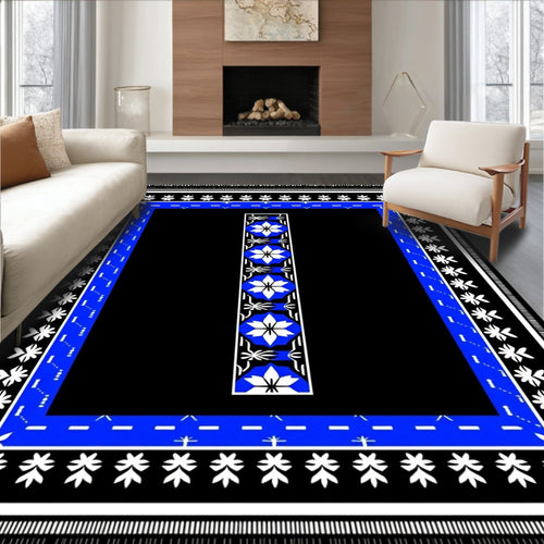 Black Blue White Floral Geometric Border Rug