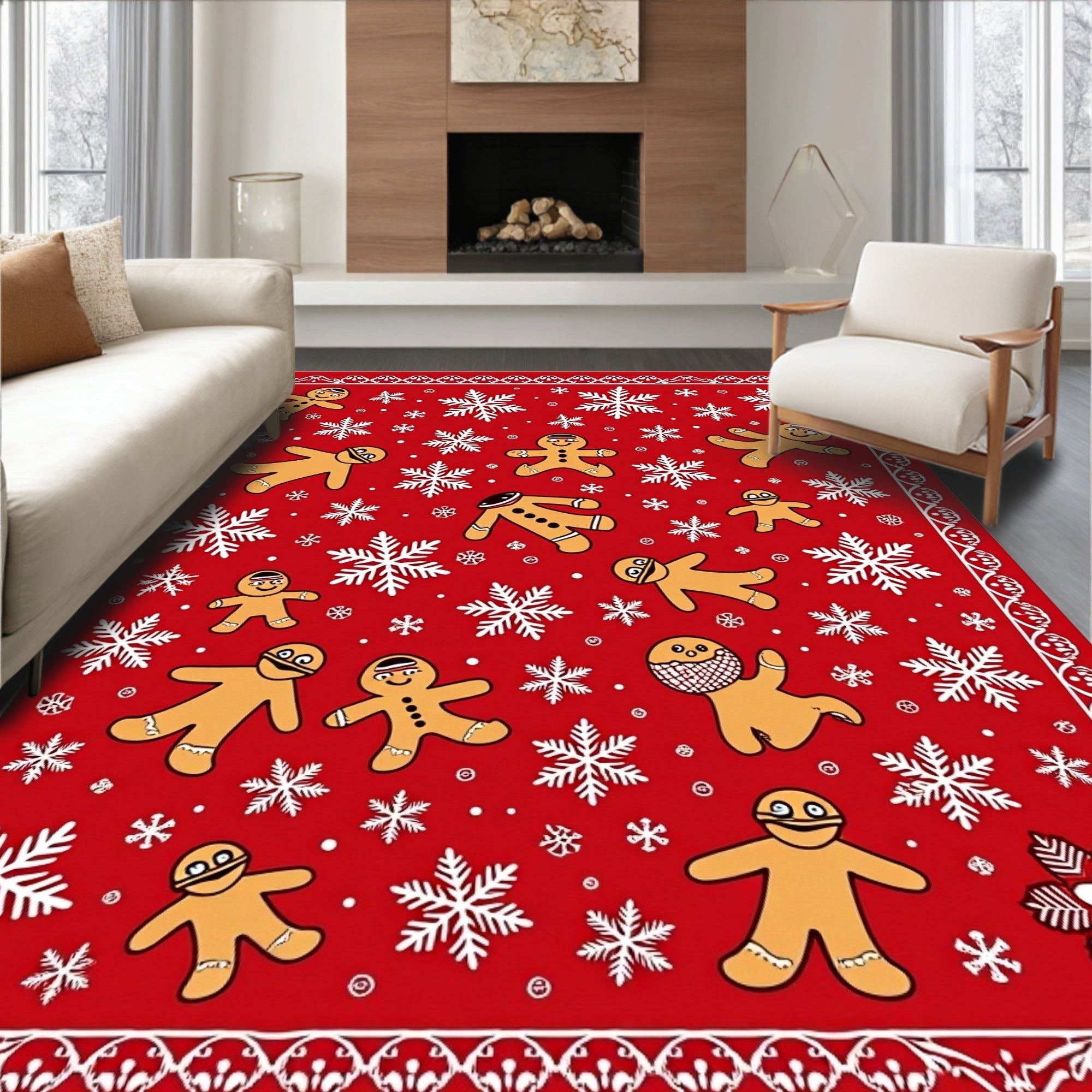 Christmas Gingerbread Snowflakes Red Rug