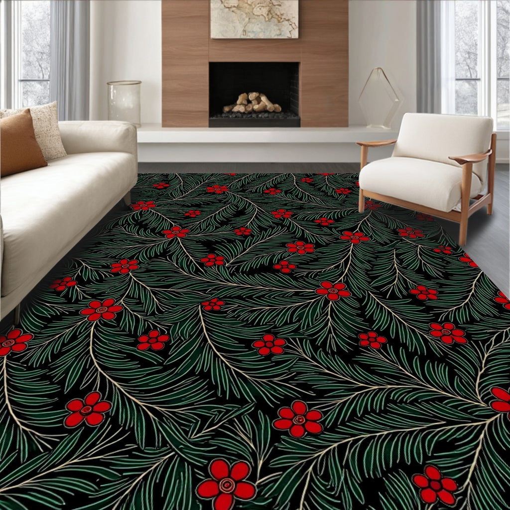 Crimson Floral Greenery Black Background Rug