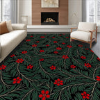 Crimson Floral Greenery Black Background Rug