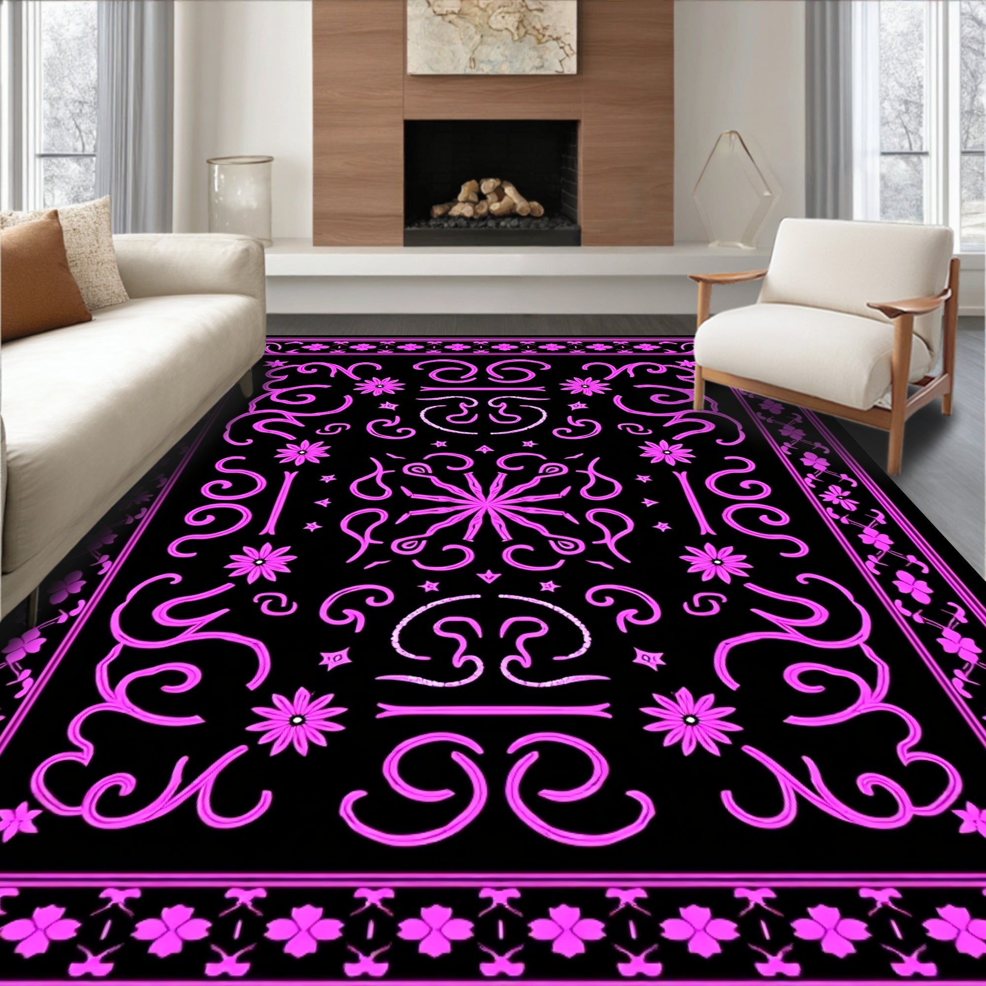 Vibrant Pink Floral Medallion Swirl Rug