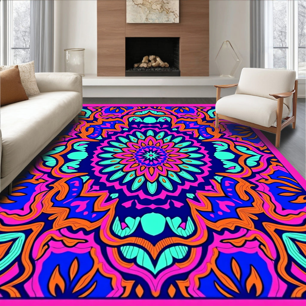 Vibrant Pink Blue Orange Bloom Rug