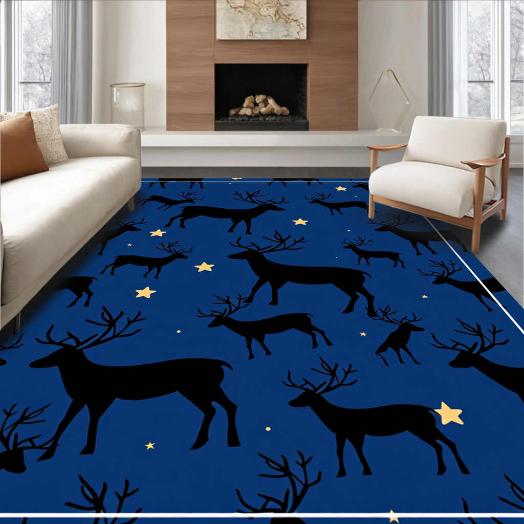 Midnight Blue Reindeer Starry Night Scene Rug