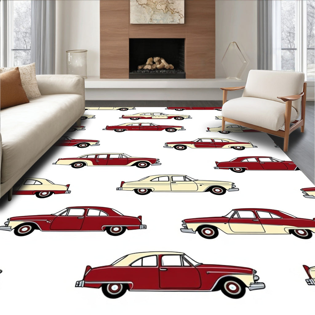 Retro Red Cream Two Tone Cars Rug