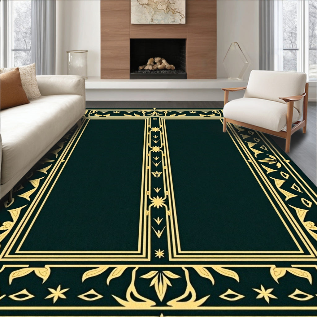 Dark Emerald Gold Ornate Rectangular Rug