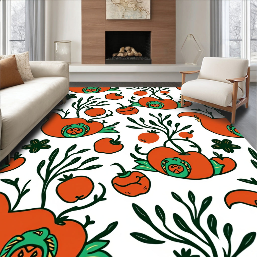 Whimsical Orange Bird Botanical Folk Rug