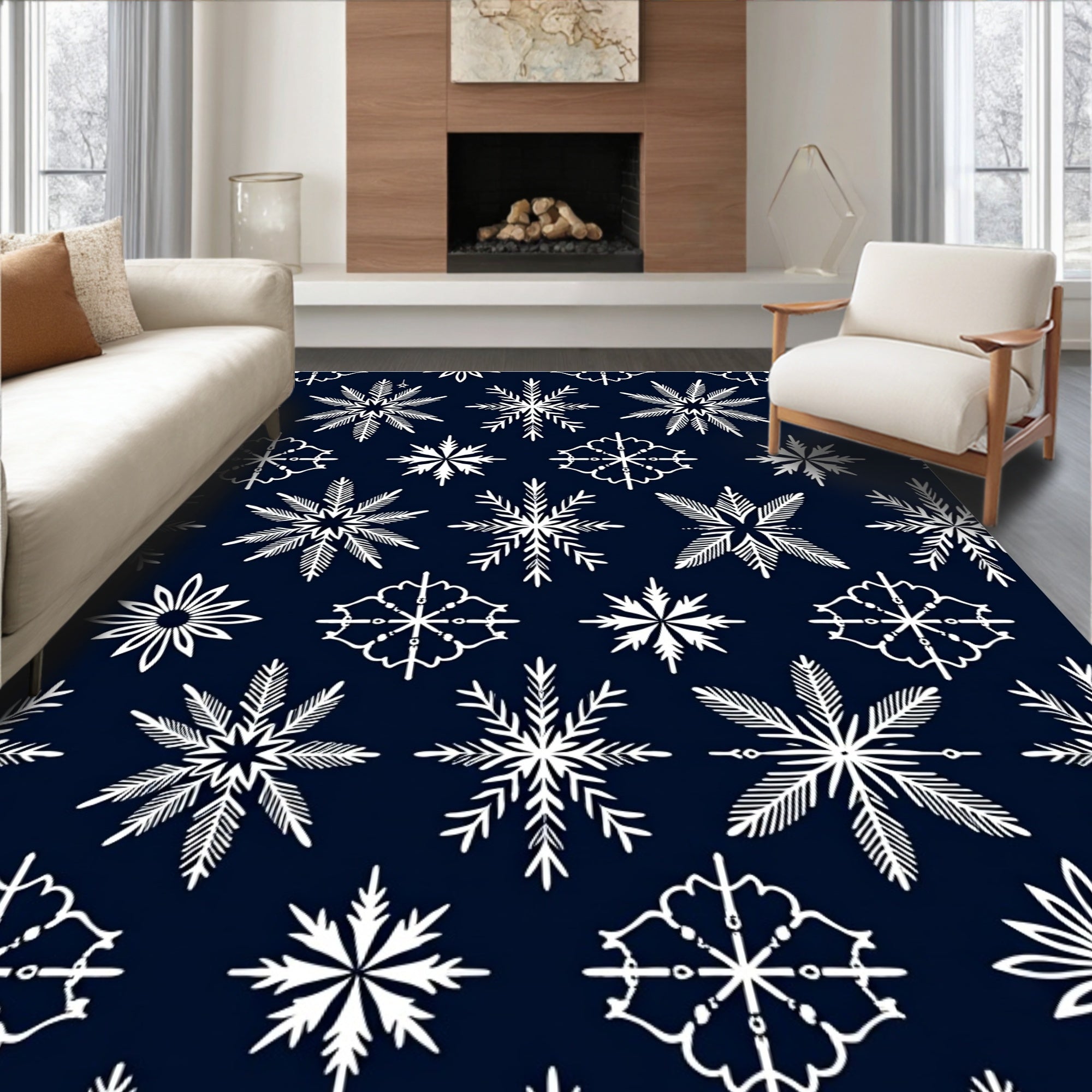 White Snowflakes on Navy Background Rug