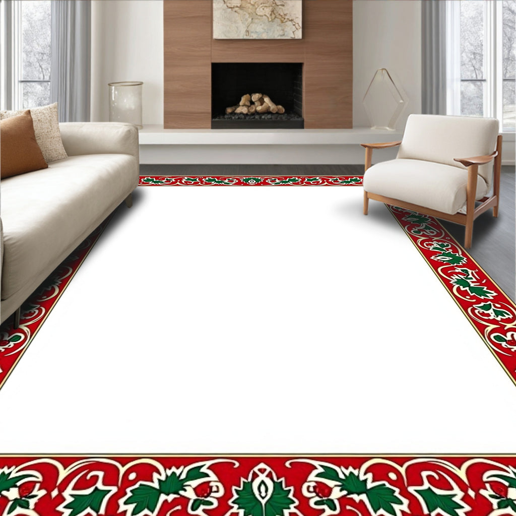 Crimson Green Leaf Scroll Border Rug