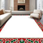 Crimson Green Leaf Scroll Border Rug
