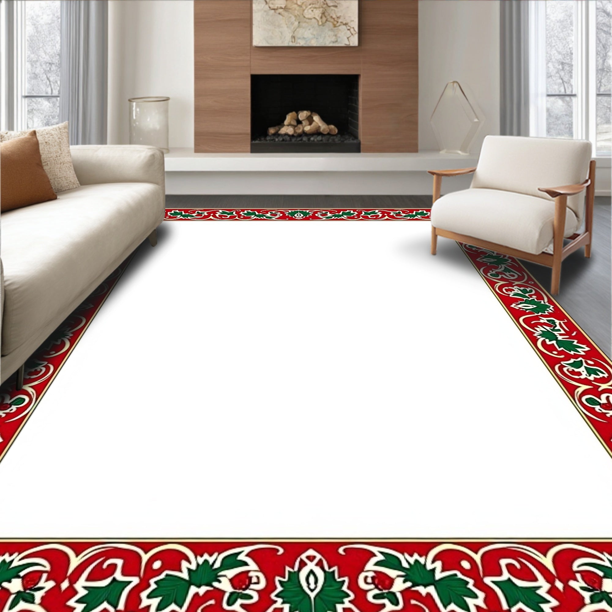 Crimson Green Leaf Scroll Border Rug