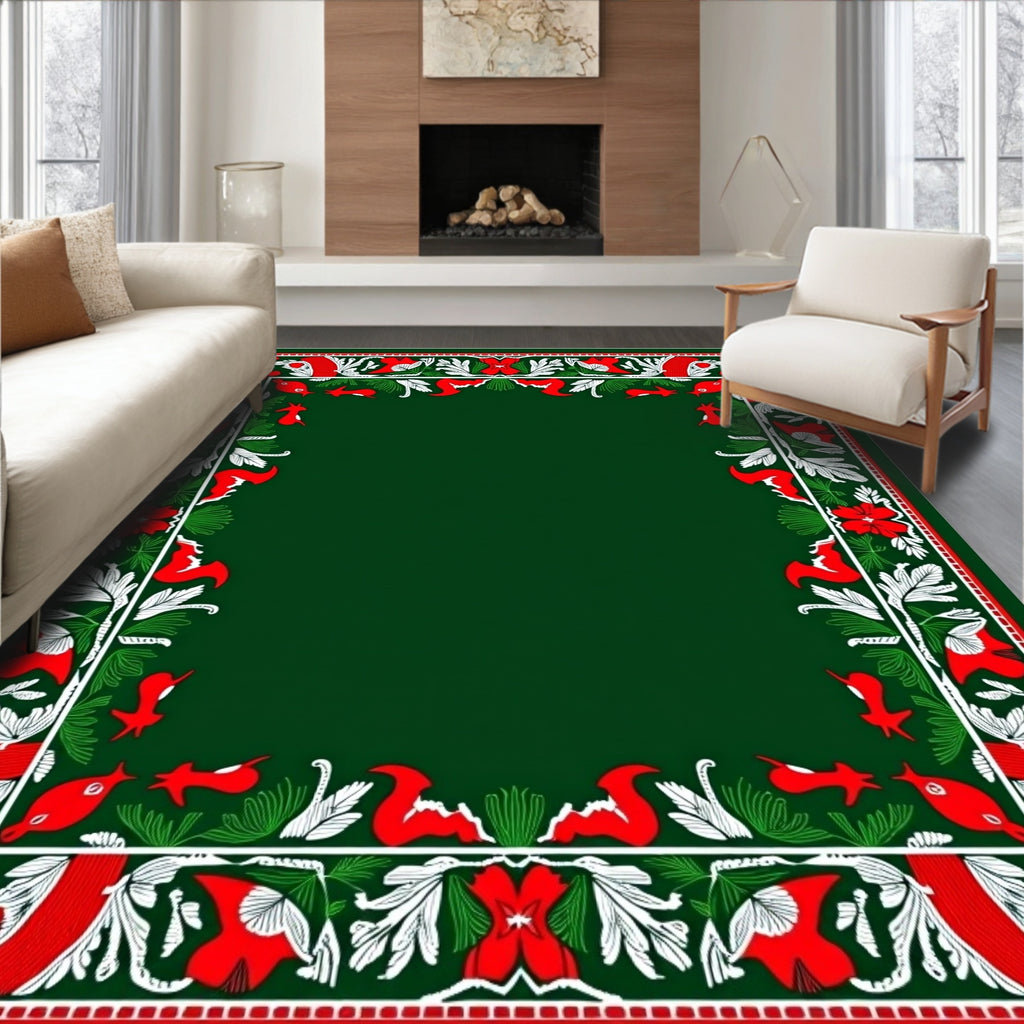 Emerald Red White Folk Art Animals Rug