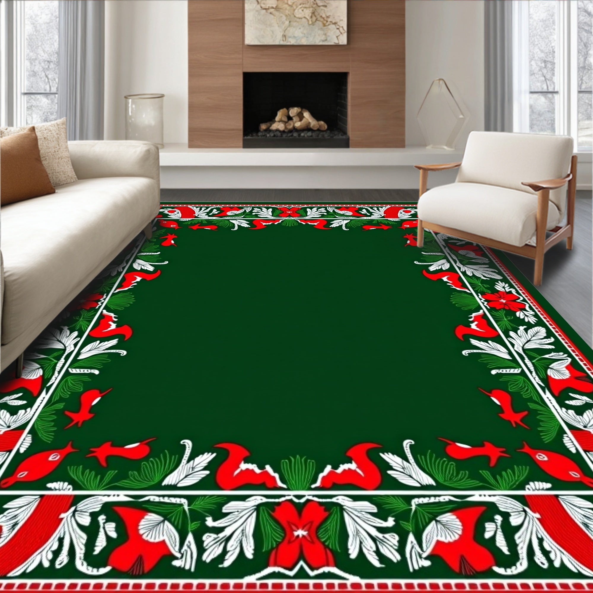 Emerald Red White Folk Art Animals Rug