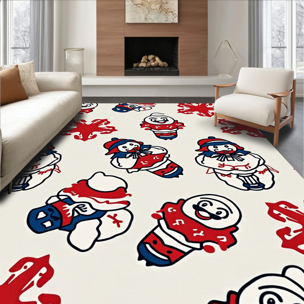 Crimson Blue Snowman Starry Scene Rug