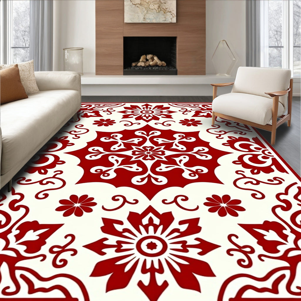 Rich Ruby Bloom Scrollwork Rug