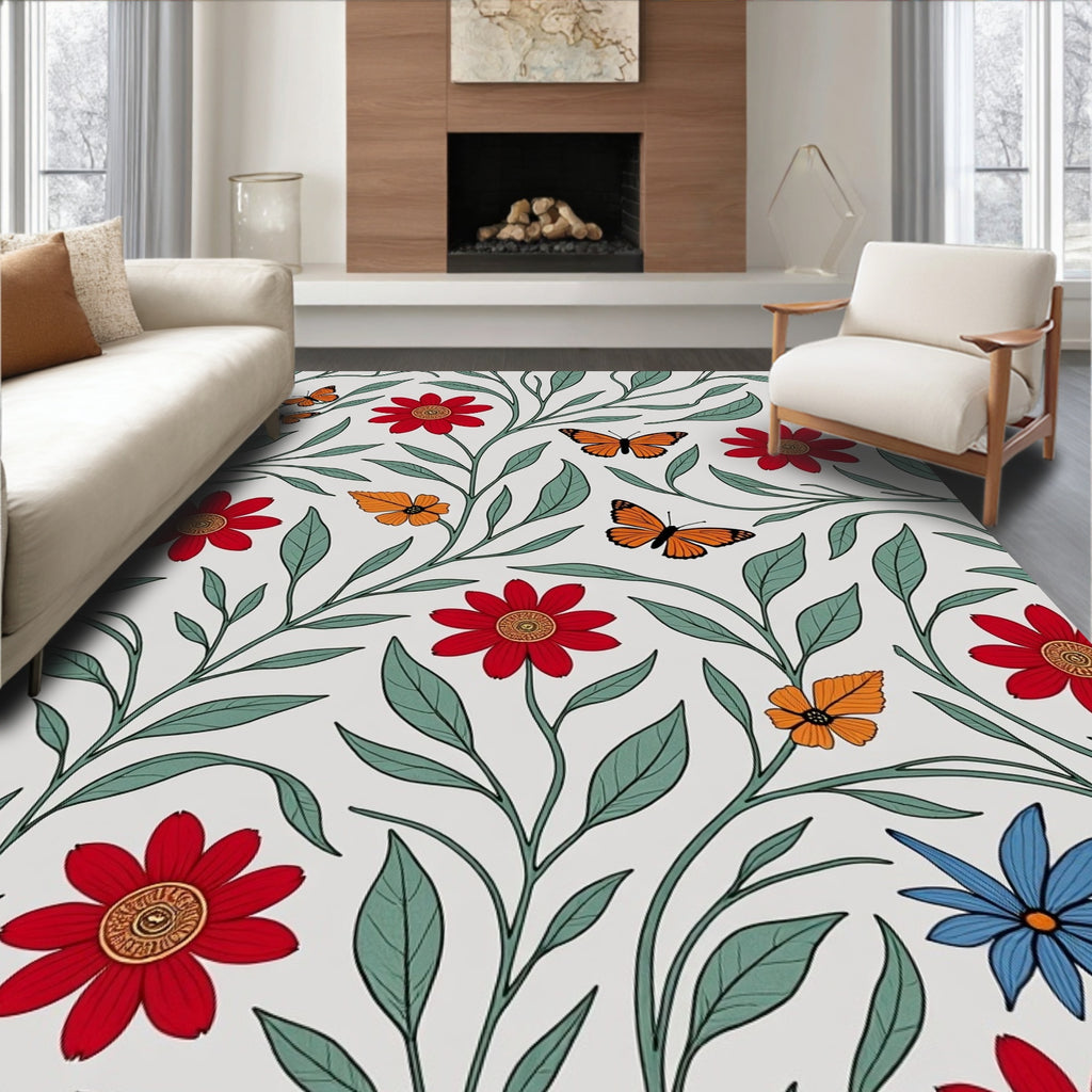 Monarch Butterfly Crimson Floral Garden Rug