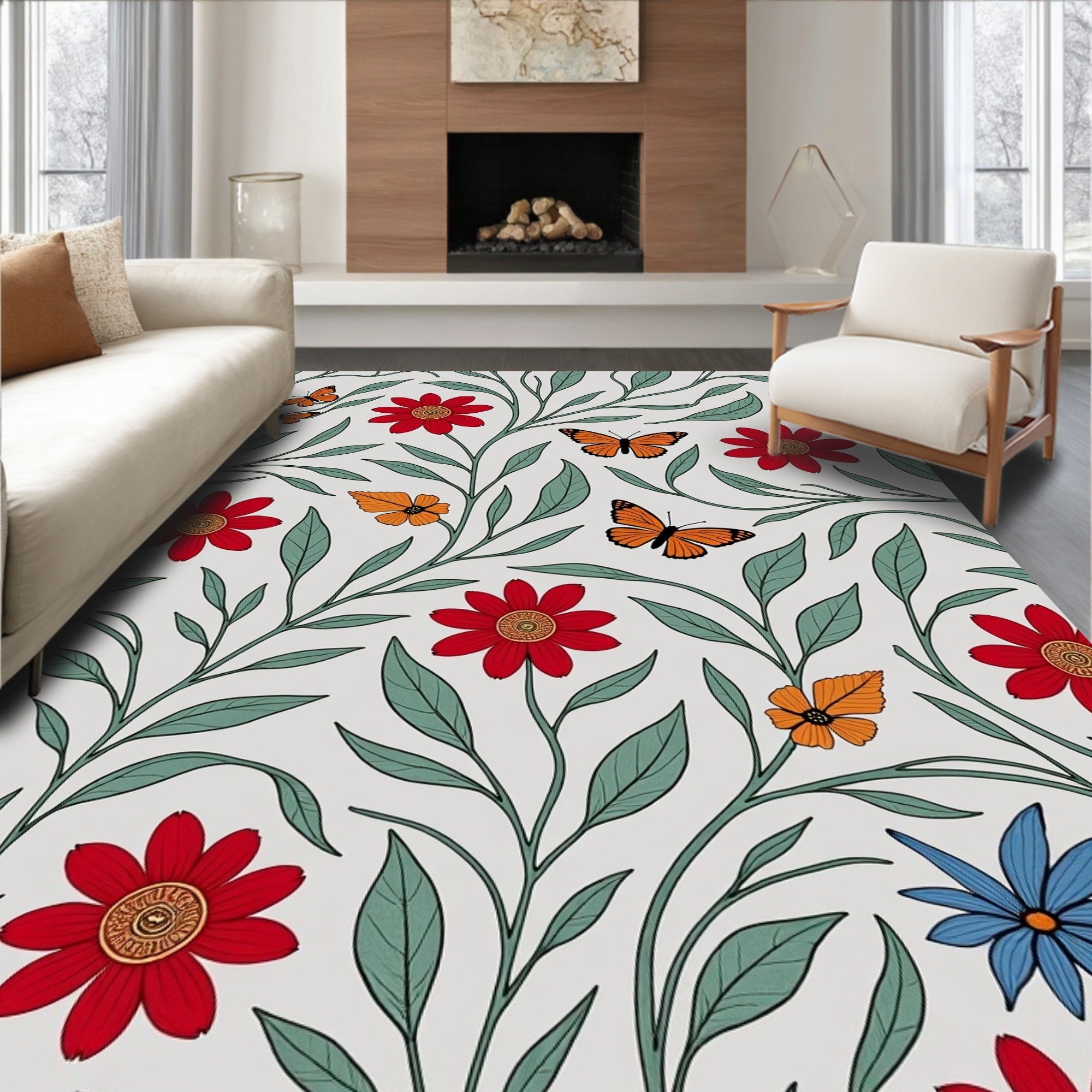 Monarch Butterfly Crimson Floral Garden Rug