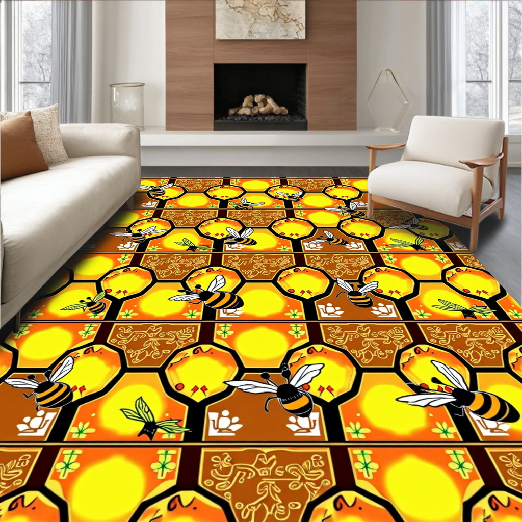 Golden Yellow Honeycomb Bee Swarm Rug