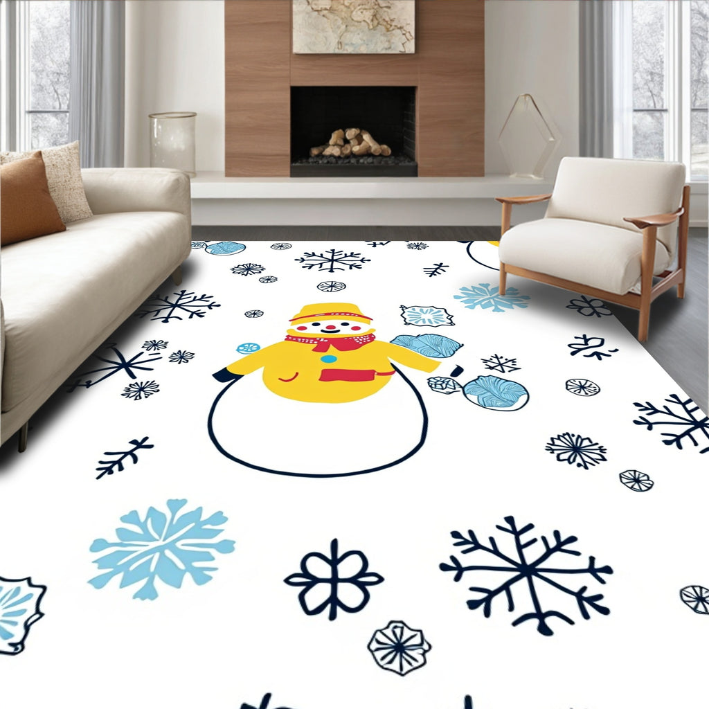Whimsical Yellow Snowman Blue Snowflakes Rug